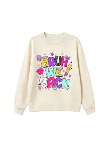 Detailed view of casual beige crewneck sweatshirt with cute back-to-school cartoon graphic print.