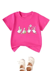 T-shirt rose vif à manches courtes pour enfants avec joli imprimé de canard, haut décontracté.
