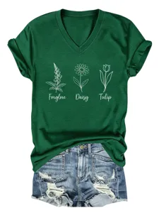 Donkergroen V-hals t-shirt met korte mouwen en botanische bloemlijntekeningen.