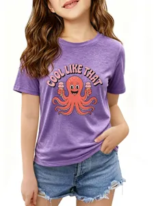 Close-up detail of the cute octopus cartoon graphic and cool lettering on purple kids shirt.