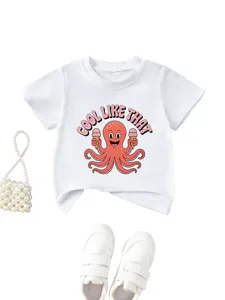 Kids cute cartoon octopus print short sleeve white t-shirt, casual summer children top.
