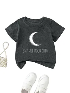 Toddler graphic t-shirt detail showing the crescent moon print and soft charcoal fabric.