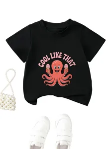 Kids black short sleeve t-shirt with cute octopus and letter print, casual children apparel