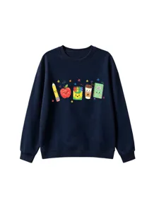 Niedlicher Schul-Cartoon-Print dunkelblauer Pullover, lässige Herbst Winter Mode.