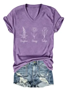 Dames Casual V-Hals Korte Mouw T-Shirt Paars Melange Bloemen Print Top Casual Kleding