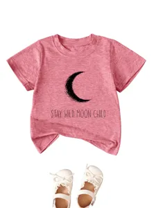 Pink cotton toddler t-shirt featuring a stylish crescent moon and graphic text detail.