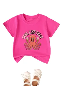 Pink cotton short sleeve kids t-shirt with cute octopus graphic and fun letter print casual top