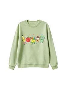 Süßes Cartoon-Schulbedarf-Print hellgrünes Kinder Sweatshirt, lässiger Herbst Langarmshirt.