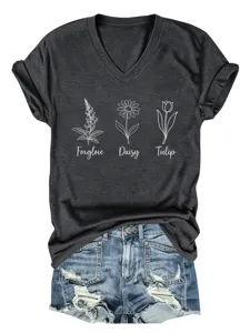 Donkergrijze dames V-hals korte mouw T-shirt met botanische bloemenprint en casual stijl.