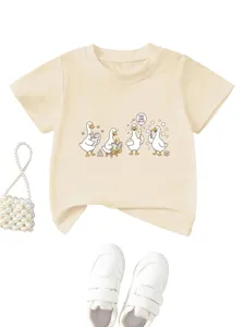 T-shirt à manches courtes pour enfants avec imprimé canard, haut d'été beige décontracté.