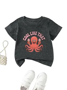 Kids dark gray short sleeve t-shirt featuring cute cartoon octopus ice cream graphic print.