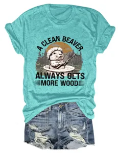 Damen Freizeit Kurzarm T-Shirt mit lustigem Biber Grafikmotiv und modischem Rundhalsausschnitt.