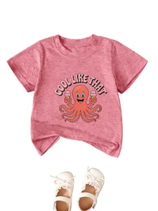Pink short-sleeve baby t-shirt with cute octopus graphic and cool like that text print.