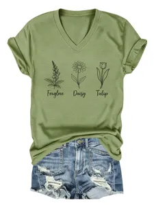 Casual dames V-hals korte mouw t-shirt met botanische grafische prints en opgerolde boorden.