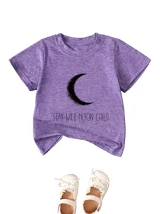 Kids purple short sleeve t-shirt with cute moon print and comfortable daily wear style.