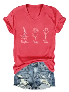 Dames rood V-hals korte mouw T-shirt casual bloemendruk grafische top met omslag