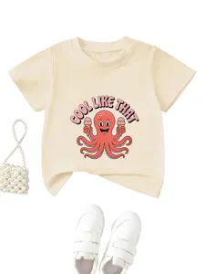 Cute kids beige short sleeve t-shirt with a fun red octopus cartoon print for casual wear.