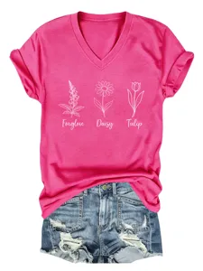 Dames casual V-hals korte mouw T-shirt met botanische bloemenprint voor dagelijks gebruik