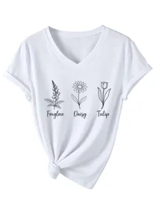 Dames witte V-hals korte mouw t-shirt met schattig bloemen grafische print detail.