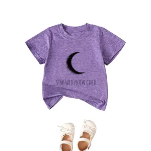 Purple short sleeve baby t-shirt with moon print and cute letter design, main product image.