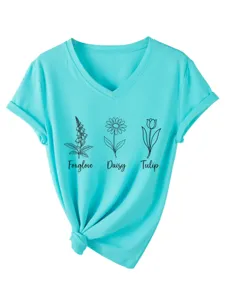 Foxglove Daisy Tulip botanische print dames casual V-hals korte mouw t-shirt detail