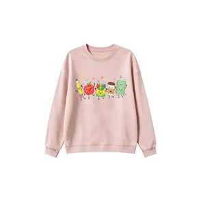 Rosa Rundhals Sweatshirt süßer Cartoon Schreibwaren Druck Langarm Lässiger Pullover Oberteil