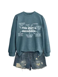 Women casual crewneck sweatshirt matching distressed denim shorts set with phonics print.
