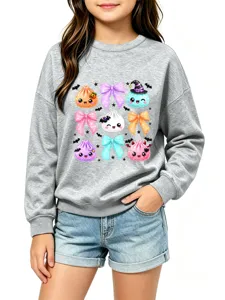 Sweatshirt gris à manches longues pour enfants avec joli motif de raviolis et nœuds.