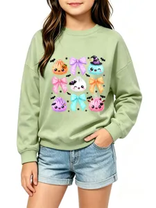Sweat-shirt vert pour enfant avec adorables raviolis kawaii et nœuds pour la saison d'automne.