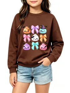 Sweat-shirt graphique mignon boulette Halloween pour enfants, pull marron manches longues.