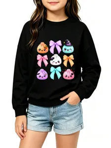 Sweat-shirt noir pour enfants avec de jolies boulettes et nœuds mignons pour automne hiver.