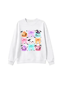 Sweat-shirt blanc à col rond avec motif graphique baozi mignon, parfait pour enfants en hiver.