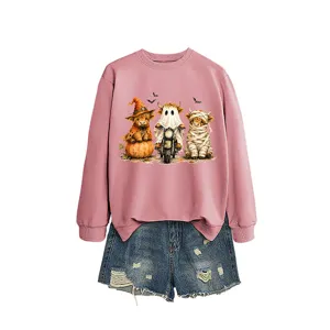 Felpa rosa a maniche lunghe con grafica di mucca delle Highland per Halloween e pantaloncini.