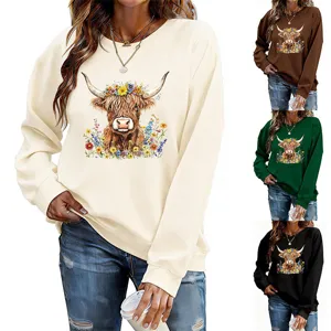 Women casual long sleeve crewneck sweatshirt with cute highland cow floral graphic print.