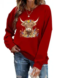 Women casual long sleeve red sweatshirt featuring cute highland cow floral graphic print.