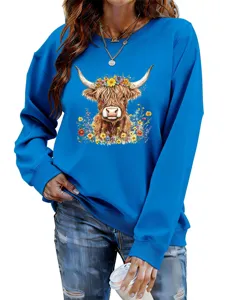 Blue casual long sleeve women sweatshirt featuring cute highland cow floral graphic design.