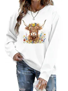 Women casual white sweatshirt with cute highland cow and colorful floral graphic print