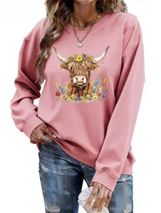 Women's cute highland cow floral print long sleeve casual pullover sweatshirt top