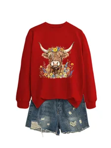 Women red sweatshirt with cute highland cow floral print paired with denim shorts set casual.