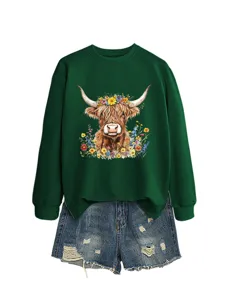 Highland cow floral graphic sweatshirt and denim shorts set detail showcasing vibrant cute animal print.