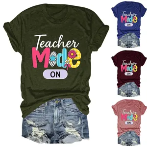 Detail view of the stylish Teacher Mode ON casual short sleeve tee and denim shorts set.