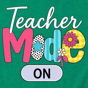 Green teacher mode on short sleeve t-shirt detail showing colorful print and fabric texture.