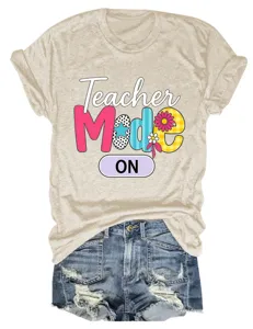 Women casual round neck short sleeve t-shirt with teacher mode print and denim shorts detail.