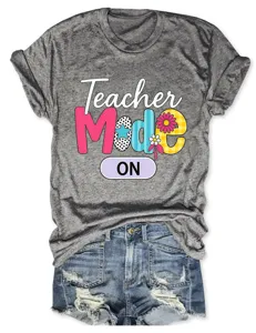 Casual women grey short sleeve t-shirt with teacher mode print, stylish everyday wear.
