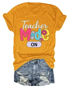 Casual women yellow short sleeve t-shirt with teacher mode print, stylish everyday summer top.