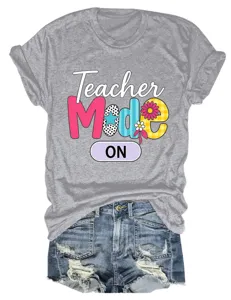 Women grey short sleeve t-shirt casual round neck teacher mode on tee top detail view