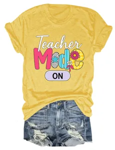 Casual women's yellow short sleeve t-shirt featuring fun teacher mode print design.