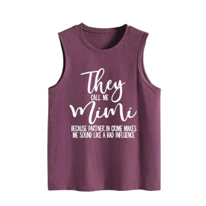 Women's casual loose tank top in purple featuring fun letter print design for daily wear.