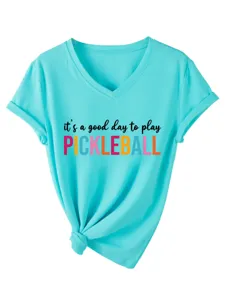 Close-up detail of the cyan V-neck short sleeve t-shirt with pickleball graphic print.