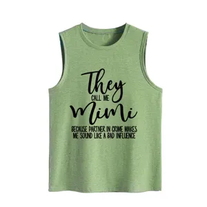 Women casual green loose sleeveless tank top with funny quote graphic detail view.
